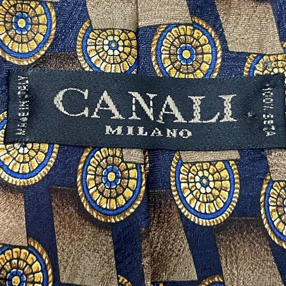 Canali Milano Silk‎ Tie Blue Gold Medallion Pattern Luxury Mens Old Money - Picture 2 of 8